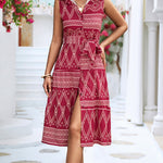 Sleeveless Buttoned Printed Tied Waist Lapel Collar Midi Dresses
