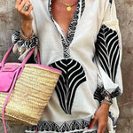 Lapel V Neck Long Sleeve Printed Shirt Dress