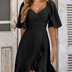 Flared Sleeves Half Sleeves Elasticity Ruffled Solid Color Split-Joint Tied Waist V-Neck Mini Dresses