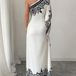 Batwing Sleeves Loose Asymmetric Elasticity Flower Print Pleated One-Shoulder Maxi Dresses
