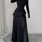 A-Line High Waisted Ruffle Trim Solid Color Split-Joint Round-Neck Maxi Dresses