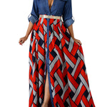 Long Sleeves Loose Buttoned Elasticity Printed Split-Joint Lapel Maxi Dresses