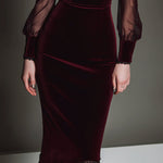 Elegant Mesh Polyester Velvet Stitching Sweetheart Neckline Slim Midi Dress