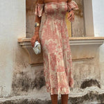 Pitaya Unique Print Off Shoulder Smocked Ruffle Sleeve Layered Midi Dress
