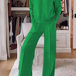 Weather Gets Cold Solid Color V-neck Top and Elastic Waist Pocketed Lounge Pants Set
