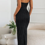 Bodycon Sleeveless Pleated Solid Color Split-Back Split-Joint Zipper Spaghetti-Neck Maxi Dresses