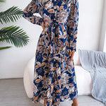 Long Sleeves Buttoned Flower Print Tied Waist Lapel Maxi Dresses