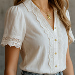 Vintage-Inspired Lace Trim White Blouse