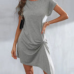 Casual Short Sleeves Pleated Round-Neck Gray Mini Dress