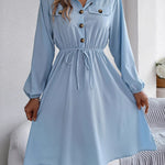 A-line Long Sleeves Buttoned Pleated Solid Color Tied Lapel Midi Dresses Shirt Dress