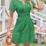 A-Line Loose Elasticity Hollow Pleated Solid Color Split-Joint V-Neck Mini Dresses