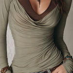 Retro-style Faux Two-piece Cowl Neck T-shirt