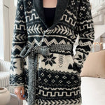 Winter Snowflake Waist Tie Lapel Midi Pocket Knit Cardigan