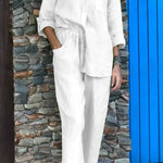 Casual Solid Color V-Neck Shirt & Pants Cotton Linen Two-Piece Set