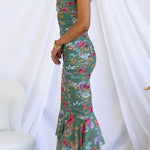 Styled To Perfection Floral Ruched Mesh Overlay Ruffle Hem Maxi Dress