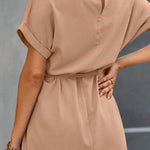 Loose Short Sleeves Solid Color Tied Waist Round-Neck Mini Dresses
