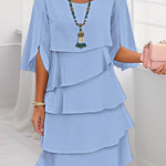 Half Sleeves Loose Layered Ruffled Solid Color Split-Joint Round-Neck Mini Dresses
