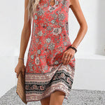 A-Line Loose Flower Print Hollow U-Neck Mini Dresses
