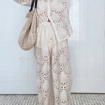 Lillah Embroidered Lace Shell Pattern Elastic Waist Pocket Wide Leg Pants