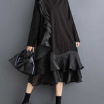 A-Line Long Sleeves Contrast Color Pockets Ruffle Trim Split-Joint V-Neck Midi Dresses
