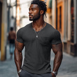 Men's Casual Ribbed Cotton Blend V-neck Slim Fit Short-sleeved T-shirt