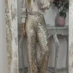 Glitzy Glamour Sequin High Rise Elastic Waist Wide Leg Pants