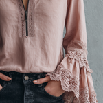 Vintage Zipper Collar Lace Cuffs Long Sleeve Blouse