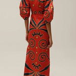 Margovil Knot Front Cut Out Puff Sleeves Side Slit Printed Midi Dress