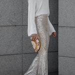 Elastic Waist Bell Bottoms Stretchy Sequin Pants