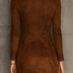 Vintage Caramel Brown Lace Trim And Zip Front Suede Mini Dress