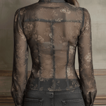 Vintage Boho Elegance Black Sheer Lace Trim Fitted Blouse