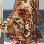 Halter Neck Leopard and Floral Print Midi Dress