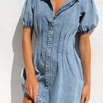 Lapel Button Bubble Short Sleeve Corset Cotton Denim Skirt