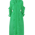 Original Loose Long Sleeves Tied Pleated Falbala Solid Color V-Neck Maxi Dresses