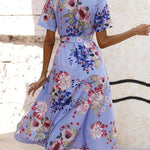 A-Line Loose Buttoned Flower Print Tied Waist Lapel Midi Dresses