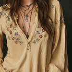 Casual Yellow Floral Embroidered Cotton Shirt