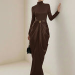Long Sleeves Buckle Draped High-Neck Evening Dresses Maxi Dresses