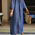 Loose Raglan Sleeve Drawstring Lace-Up Pleated Solid Color Round-Neck Midi Dresses