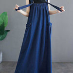 A-Line Loose Pleated Pockets Split-Joint Spaghetti-Neck Maxi Dresses Suspender Dress