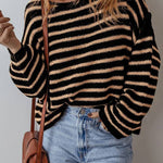 Black Stripe Drop Shoulder Round Neck Loose Sweater