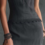 Boho Vintage Zip-Neck Sleeveless Mini Dress In Charcoal Grey
