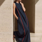 A-line Loose Contrast Color Pockets Split-Joint Round-neck Maxi Dresses