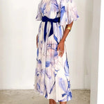 Floral Print Elegant Puff Sleeve Tie-Waist Midi Dress