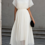High Neck Sheer Sleeve Pleated Midi Dress