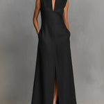 Women's Jet Black Woven Dress With Sleeveless Silhouette & Side Pockets, Modern Effortless-Chic Style Dress