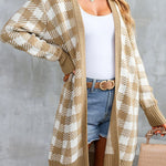 Khaki Plaid Ribbed Contrast Open Front Long Cardigan
