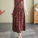 Loose Oversize Drawstring Floral Printed Round-Neck Midi Dresses
