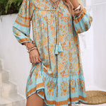 A-Line Loose Contrast Color Drawstring Flower Print Pleated Split-Joint V-Neck Mini Dresses