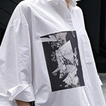 A-Line High-Low Buttoned Pockets Printed Split-Side Stand Collar Blouses&Shirts Tops