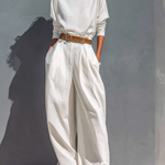 Women's All White Half High Neck Long Sleeve Loose T-shirt Wide Legs Two-piece Set